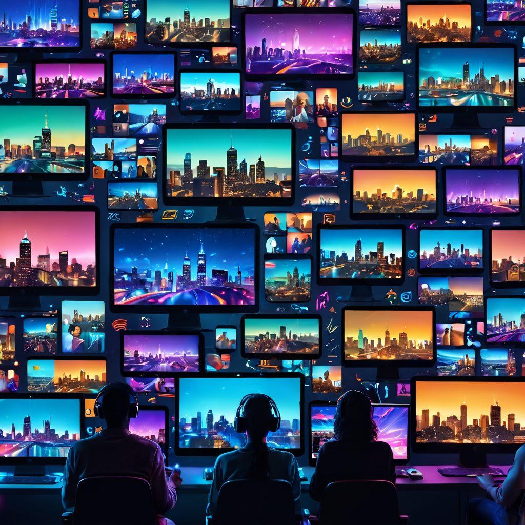 A vibrant collage of diverse people engaged in various activities related to streaming, such as watching videos on laptops and smartphones, surrounded by icons of popular streaming platforms. The background features a dynamic cityscape at night with glowing screens, emphasizing the digital age. Bright colors highlighting a sense of freedom and exploration with subtle hints of adult themes. super-realistic. neon colors. 3D.
