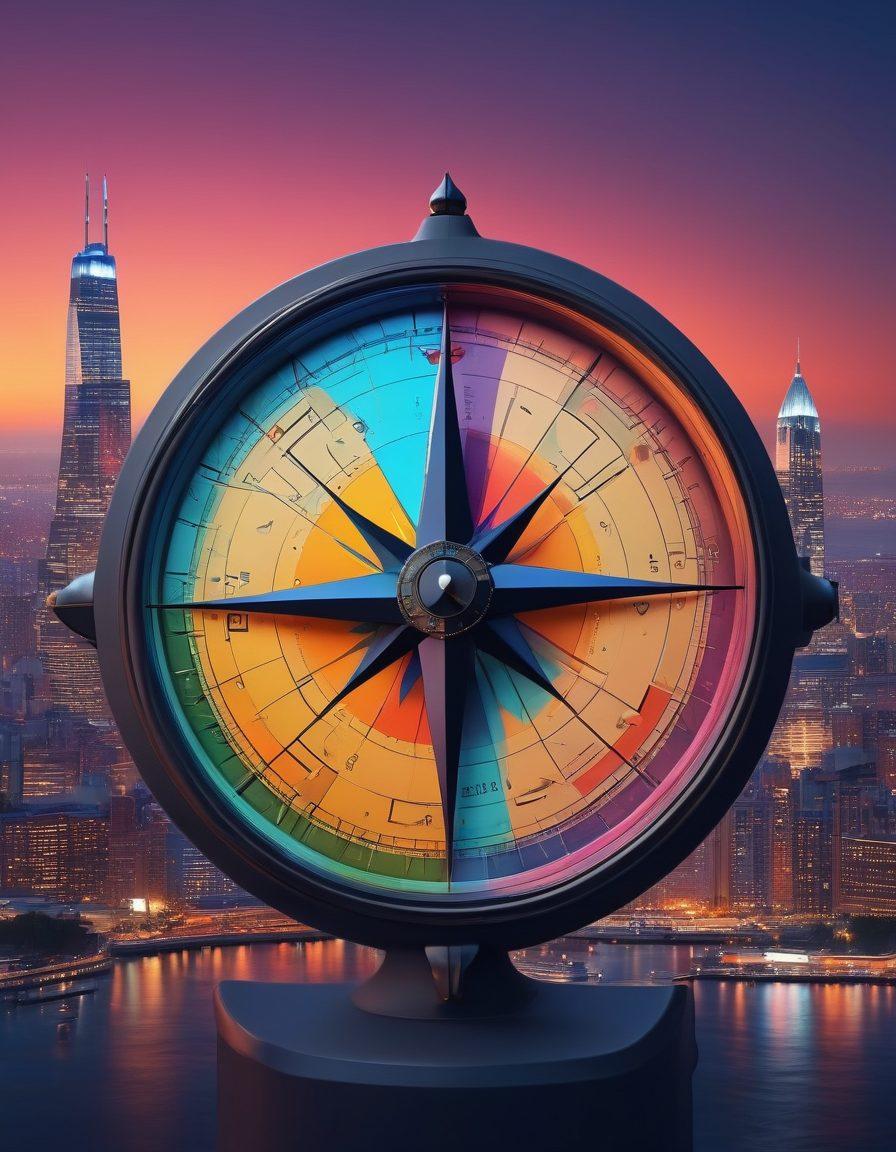 A visually engaging compass entwined with various symbols representing different forms of adult content, such as playful silhouettes, abstract shapes, and suggestive icons, set against a whimsical backdrop of a vibrant city skyline at dusk. The colors should be bold and inviting, illustrating the exploration theme with a touch of mystery. Include a subtle glow around the compass to highlight its centrality. super-realistic. vibrant colors. 3D.