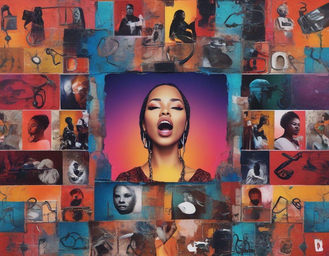 A visually striking collage representing various adult video platforms, featuring abstract symbols of freedom and expression like broken chains, an open padlock, and diverse silhouettes of users creating content. The background should include a vibrant gradient representing inclusivity and diversity, with subtle hints of screens and cameras. Include elements that convey the theme of uncensored creativity, such as splashes of paint and artistic doodles. super-realistic. vibrant colors. digital art.